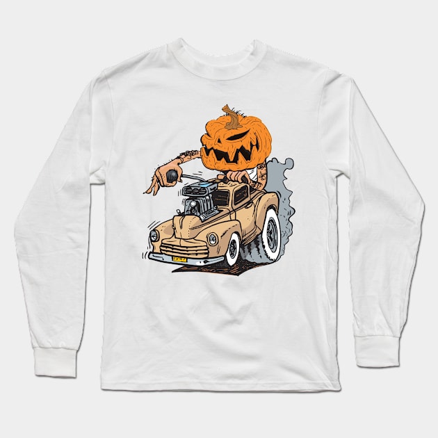 Pumpkin Head Hot Rod Long Sleeve T-Shirt by Joe Rock Graphics